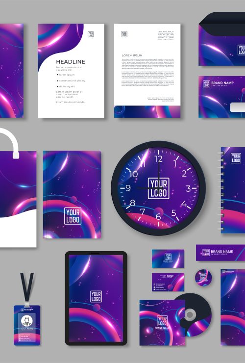 Purple corporate identity template design with color geometric elements. Business stationery